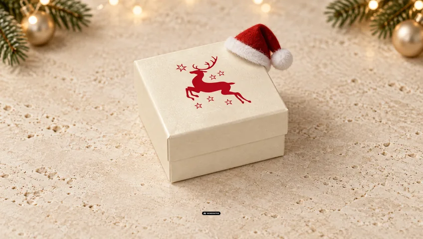 Caja de joyería LESER 0230 PLAIN en crema con el motivo navideño DEER en rojo y un pequeño gorro de Papá Noel en la esquina de la tapa