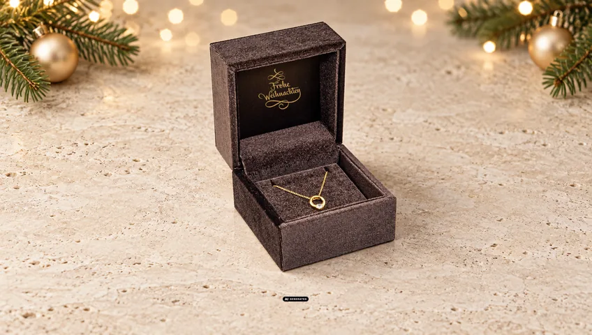 Estuche de joyería LESER 6430 VELVET LUXE en marrón oscuro con el motivo navideño GREETINGS en dorado en el interior de la tapa