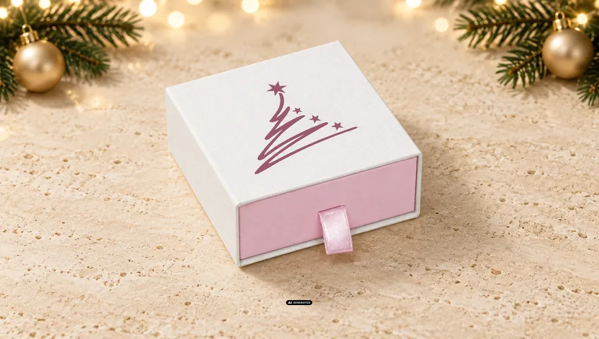 Caja con cajón LESER 0830 CASE en blanco y rosa con el motivo navideño TREE en rosé