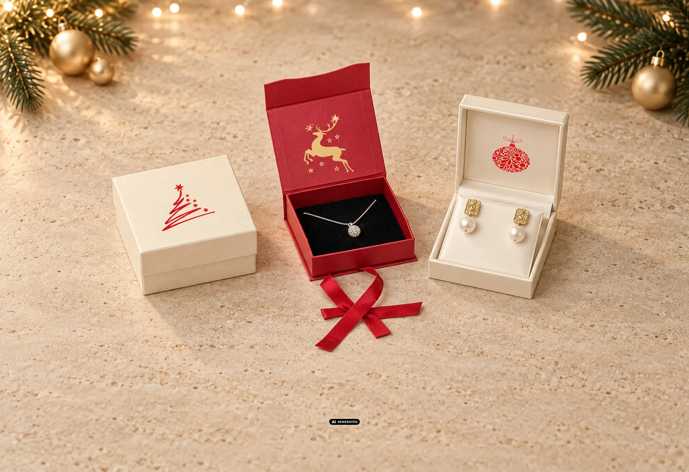 Tres embalajes de joyas LESER para Navidad: caja 0230 PLAIN en crema con el motivo TREE, estuche 0275 CELEBRATION en rojo con un ciervo dorado dentro y estuche 5530 BRILLIANT en crema con el motivo BAUBLE dentro