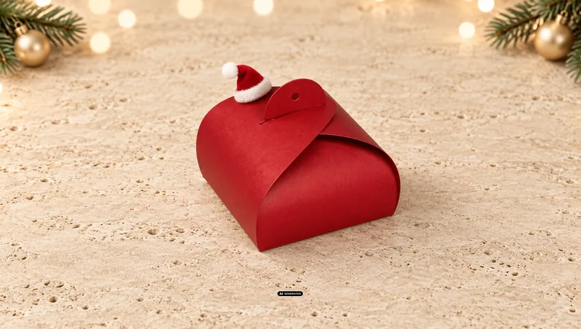 Caja plegable LESER en rojo con un pequeño gorro de Papá Noel en el cierre