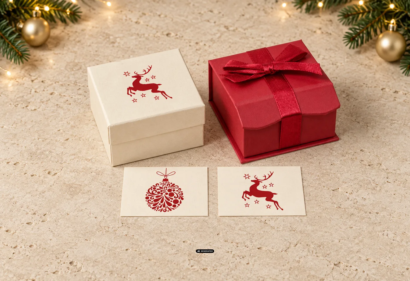 Caja LESER 0230 PLAIN con el motivo DEER, estuche 0275 CELEBRATION con lazo y tarjetas de muestra con motivos navideños