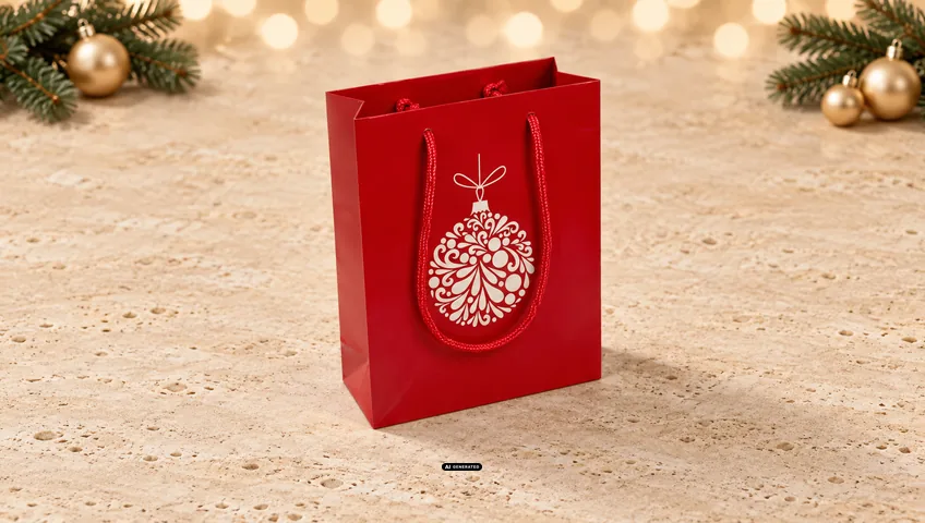 Bolsa de papel LESER en rojo con el motivo navideño BAUBLE en blanco en la parte delantera