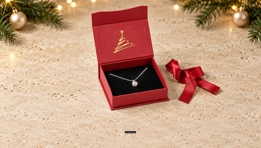 Estuche de joyería LESER 0275 CELEBRATION en rojo, abierto, con el motivo navideño TREE en dorado en el interior de la tapa