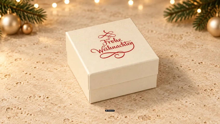 Caja de joyería LESER 0230 PLAIN en crema con el motivo navideño GREETINGS en rojo