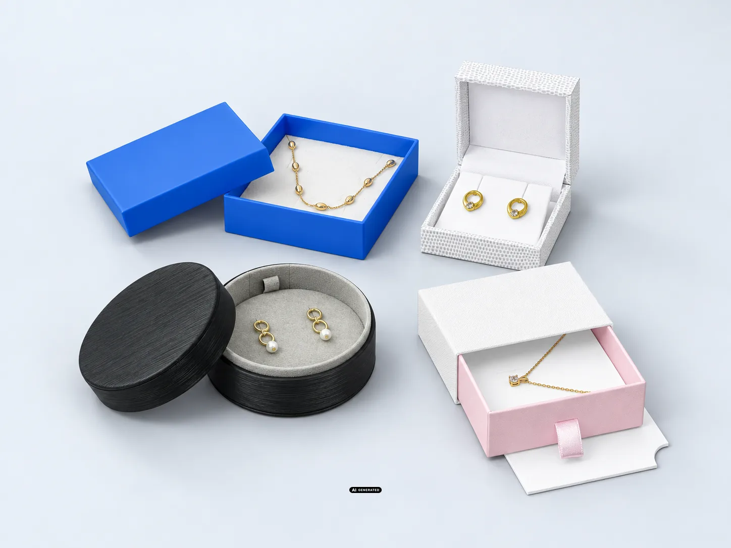 Embalajes para joyas de las series 1560 EARTH, 5920 ROUND, 5514 ROMA y 0830 CASE con joyas